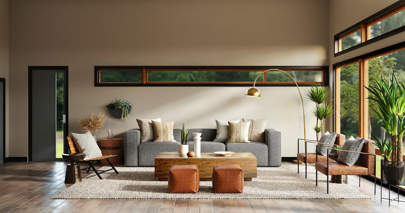 Modern living room with olive green sofa and low wooden coffee table