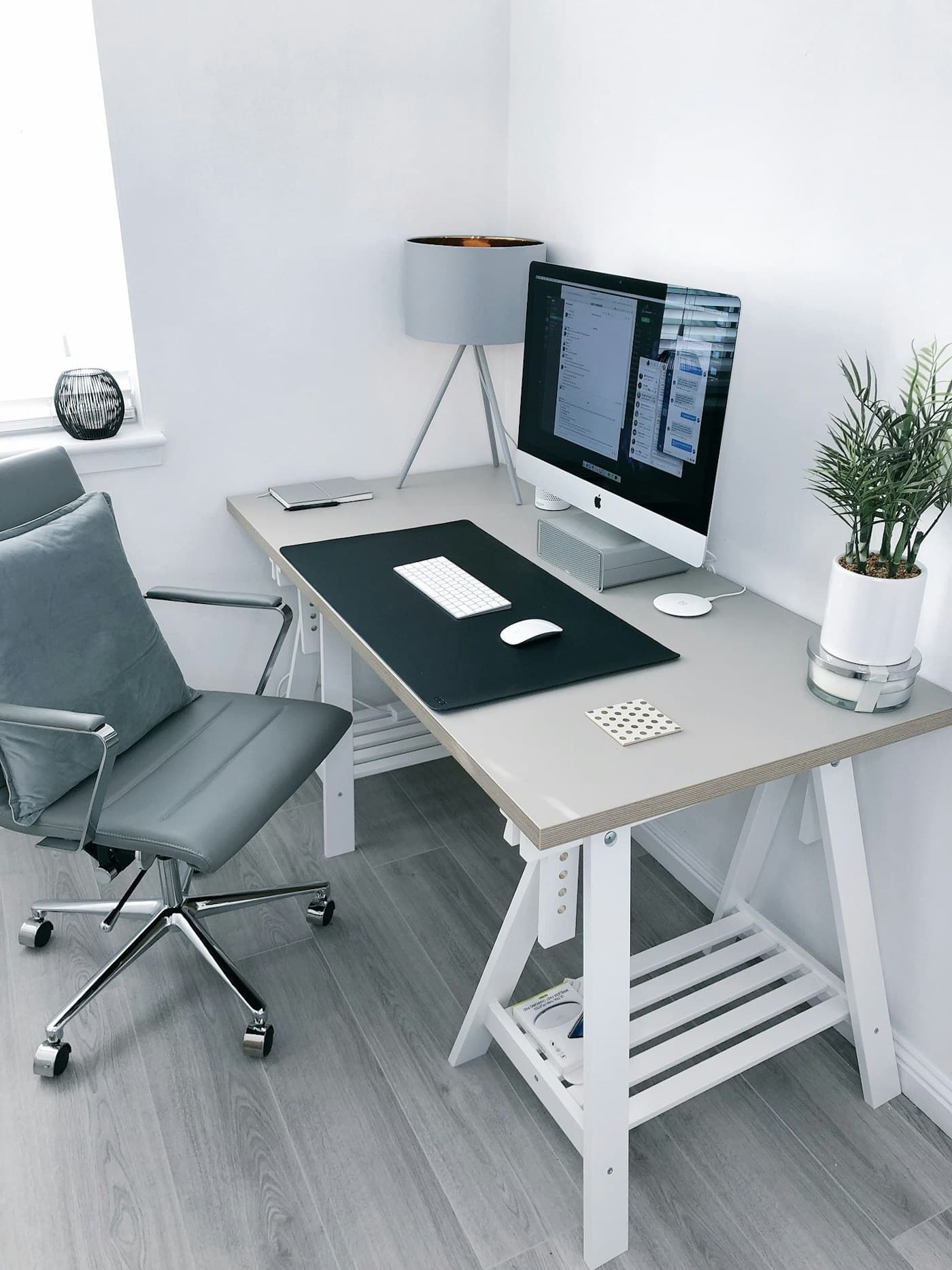 Minimalist ergonomic desk with plant and framed art