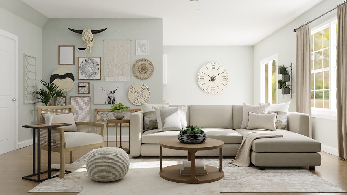 Cozy living room with white sofa and round wooden coffee table